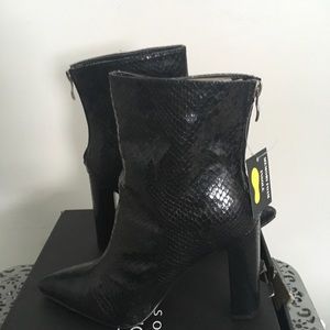Black synthetic snake skin booties with back zipper, memory foam, 4.5 heel.